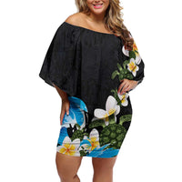 Hawaiian Plumeria and Turtle Family Matching Off Shoulder Short Dress and Hawaiian Shirt with Polynesian Tribal Art Pattern Vintage Vibes LT03 Mom's Dress Black - Polynesian Pride