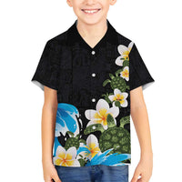 Hawaiian Plumeria and Turtle Family Matching Off Shoulder Short Dress and Hawaiian Shirt with Polynesian Tribal Art Pattern Vintage Vibes LT03 Son's Shirt Black - Polynesian Pride