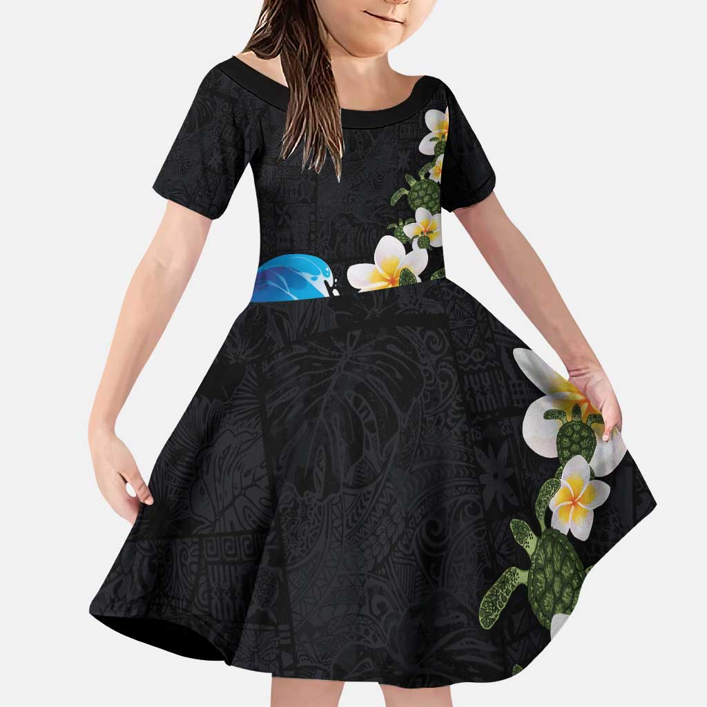 Hawaiian Plumeria and Turtle Family Matching Puletasi and Hawaiian Shirt with Polynesian Tribal Art Pattern Vintage Vibes LT03 Daughter's Dress Black - Polynesian Pride