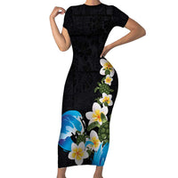 Hawaiian Plumeria and Turtle Family Matching Short Sleeve Bodycon Dress and Hawaiian Shirt with Polynesian Tribal Art Pattern Vintage Vibes LT03 Mom's Dress Black - Polynesian Pride