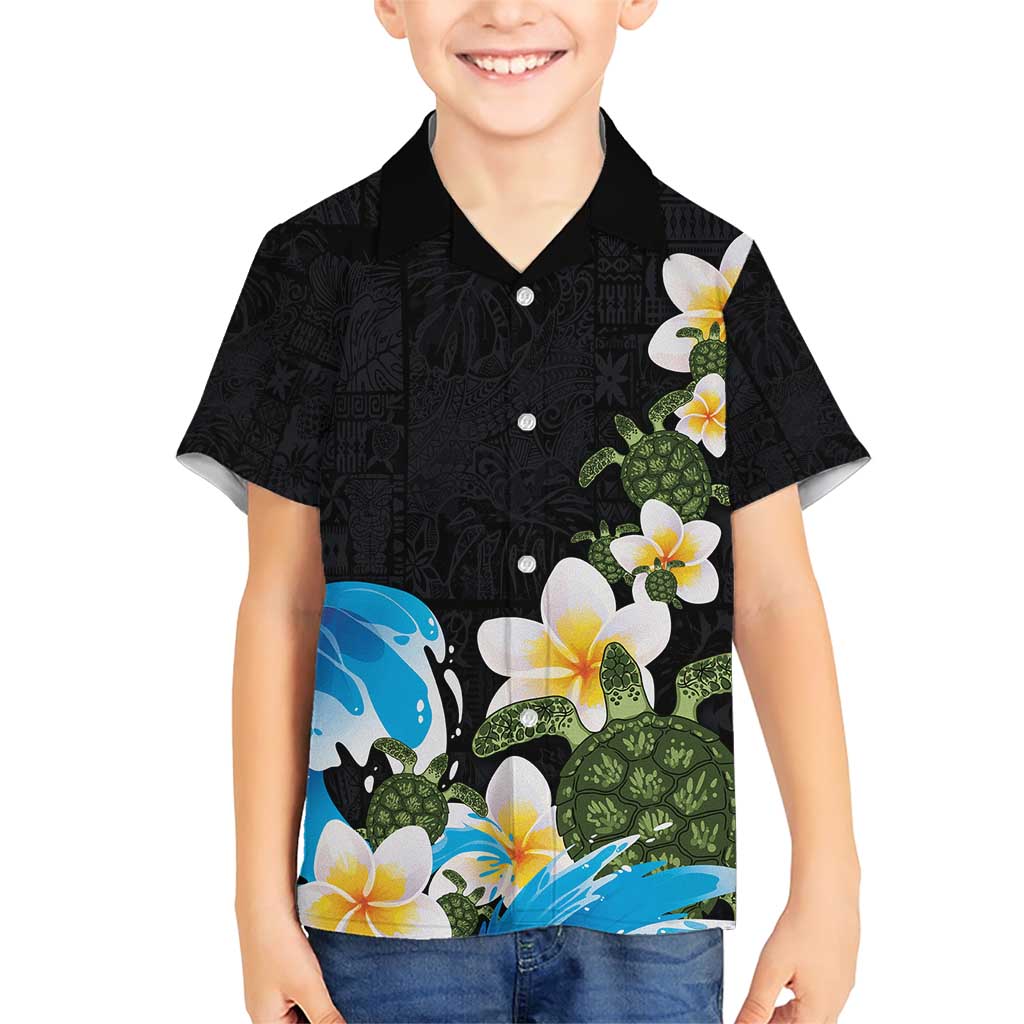 Hawaiian Plumeria and Turtle Family Matching Short Sleeve Bodycon Dress and Hawaiian Shirt with Polynesian Tribal Art Pattern Vintage Vibes LT03 Son's Shirt Black - Polynesian Pride