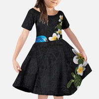 Hawaiian Plumeria and Turtle Family Matching Summer Maxi Dress and Hawaiian Shirt with Polynesian Tribal Art Pattern Vintage Vibes LT03 Daughter's Dress Black - Polynesian Pride