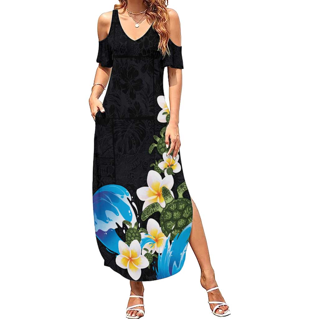 Hawaiian Plumeria and Turtle Family Matching Summer Maxi Dress and Hawaiian Shirt with Polynesian Tribal Art Pattern Vintage Vibes LT03 Mom's Dress Black - Polynesian Pride