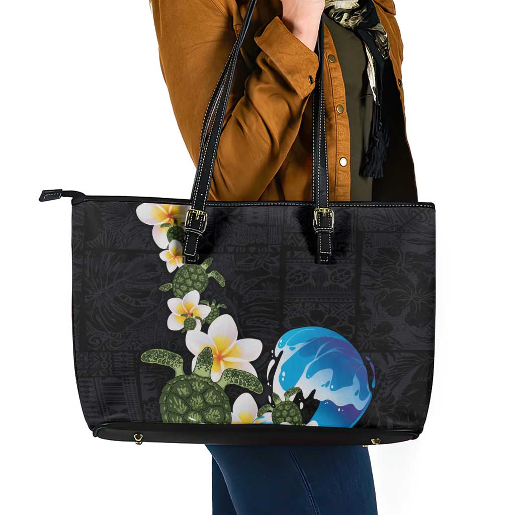 Hawaiian Plumeria and Turtle Leather Tote Bag with Polynesian Tribal Art Pattern Vintage Vibes LT03 - Polynesian Pride