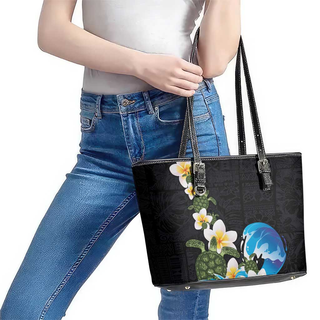 Hawaiian Plumeria and Turtle Leather Tote Bag with Polynesian Tribal Art Pattern Vintage Vibes LT03 - Polynesian Pride