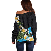 Hawaiian Plumeria and Turtle Off Shoulder Sweater with Polynesian Tribal Art Pattern Vintage Vibes LT03 - Polynesian Pride