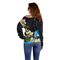 Hawaiian Plumeria and Turtle Off Shoulder Sweater with Polynesian Tribal Art Pattern Vintage Vibes LT03 - Polynesian Pride