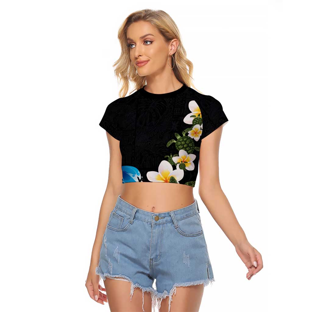 Hawaiian Plumeria and Turtle Raglan Cropped T Shirt with Polynesian Tribal Art Pattern Vintage Vibes