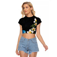 Hawaiian Plumeria and Turtle Raglan Cropped T Shirt with Polynesian Tribal Art Pattern Vintage Vibes