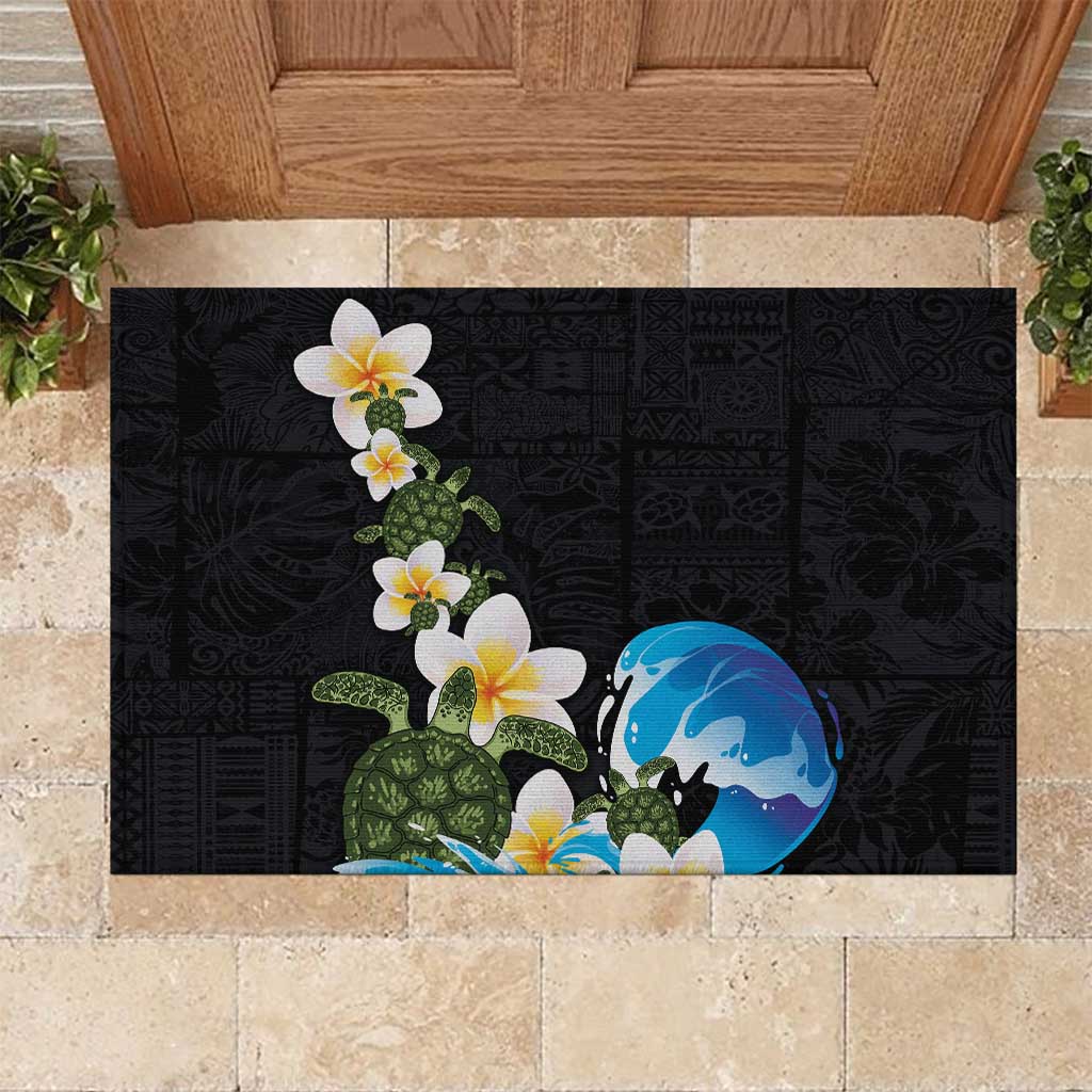 Hawaiian Plumeria and Turtle Rubber Doormat with Polynesian Tribal Art Pattern Vintage Vibes