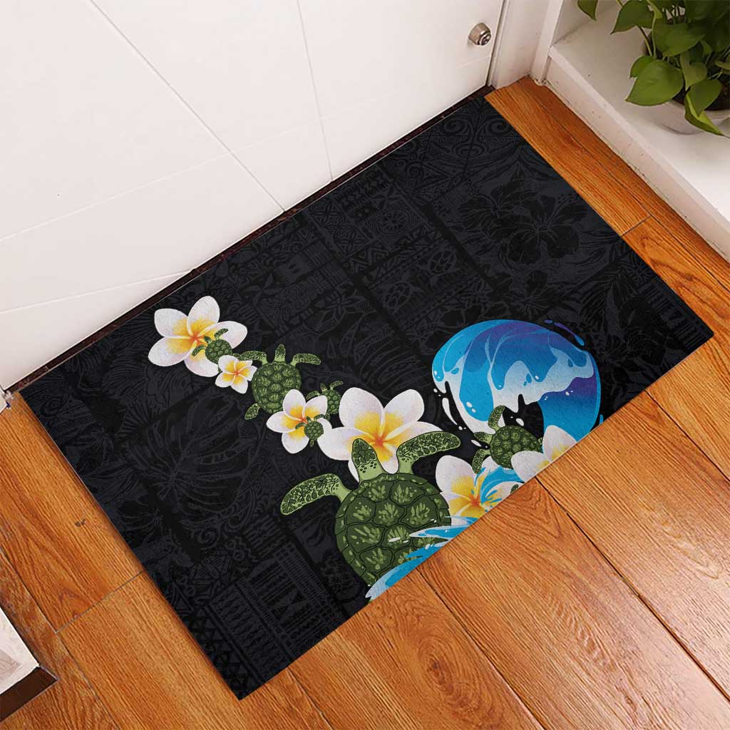 Hawaiian Plumeria and Turtle Rubber Doormat with Polynesian Tribal Art Pattern Vintage Vibes
