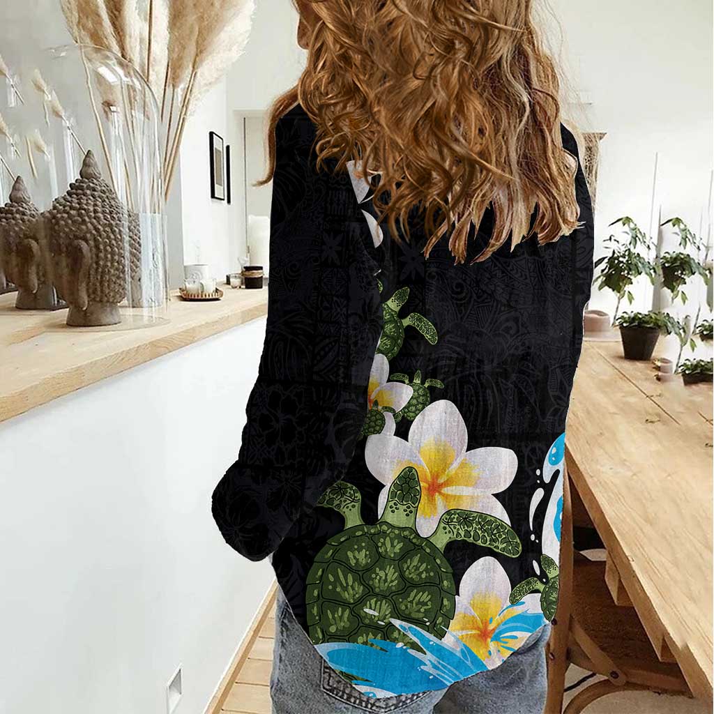 Hawaiian Plumeria and Turtle Women Casual Shirt with Polynesian Tribal Art Pattern Vintage Vibes