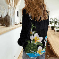 Hawaiian Plumeria and Turtle Women Casual Shirt with Polynesian Tribal Art Pattern Vintage Vibes