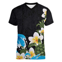 Hawaiian Plumeria and Turtle Women V-Neck T-Shirt with Polynesian Tribal Art Pattern Vintage Vibes