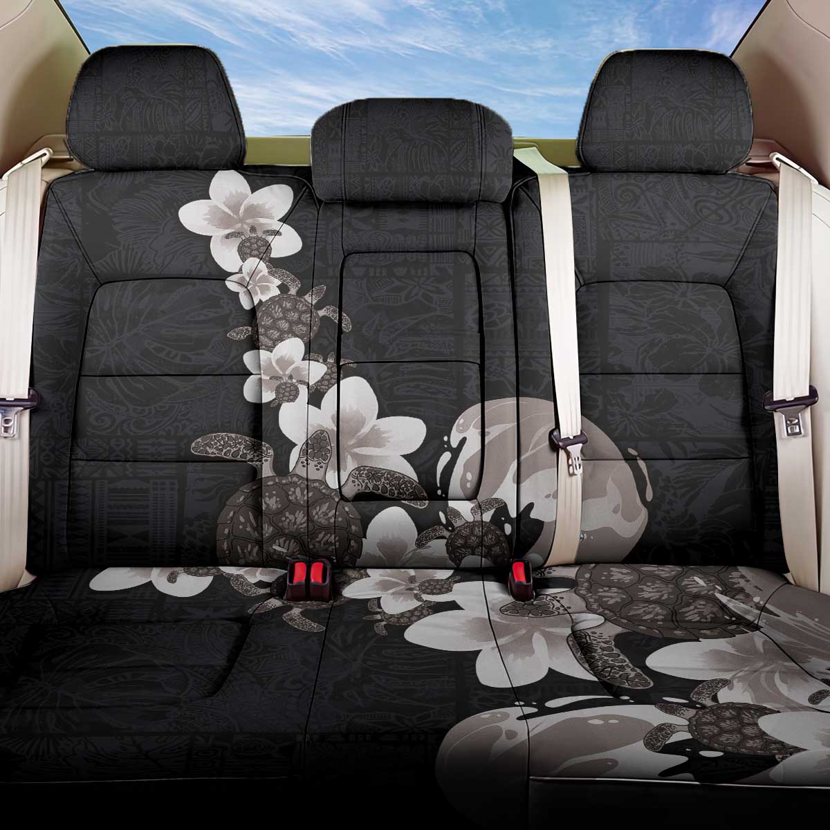 Hawaiian Plumeria and Turtle Back Car Seat Cover with Polynesian Tribal Art Pattern Grayscale Color LT03 One Size Black - Polynesian Pride