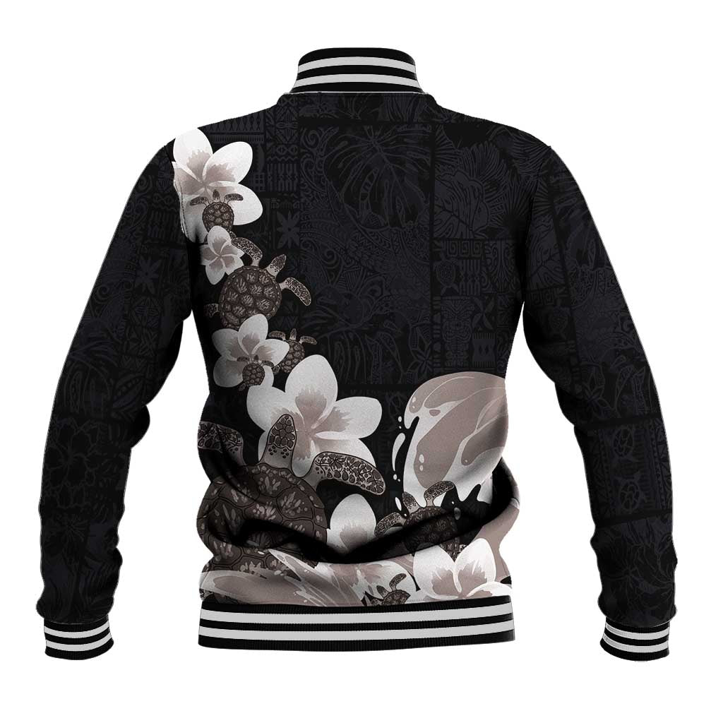Hawaiian Plumeria and Turtle Baseball Jacket with Polynesian Tribal Art Pattern Grayscale Color