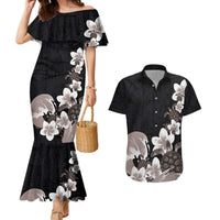 Hawaiian Plumeria and Turtle Couples Matching Mermaid Dress and Hawaiian Shirt with Polynesian Tribal Art Pattern Grayscale Color LT03 Black - Polynesian Pride