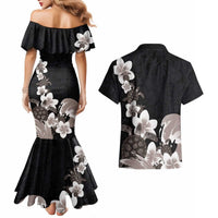 Hawaiian Plumeria and Turtle Couples Matching Mermaid Dress and Hawaiian Shirt with Polynesian Tribal Art Pattern Grayscale Color LT03 - Polynesian Pride