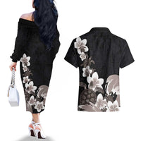 Hawaiian Plumeria and Turtle Couples Matching Off The Shoulder Long Sleeve Dress and Hawaiian Shirt with Polynesian Tribal Art Pattern Grayscale Color LT03 - Polynesian Pride