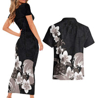 Hawaiian Plumeria and Turtle Couples Matching Short Sleeve Bodycon Dress and Hawaiian Shirt with Polynesian Tribal Art Pattern Grayscale Color LT03 - Polynesian Pride