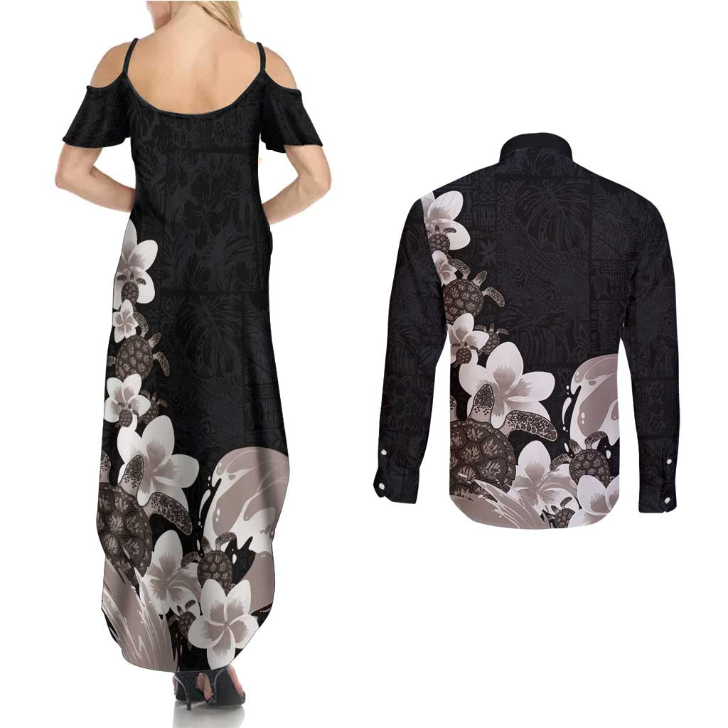 Hawaiian Plumeria and Turtle Couples Matching Summer Maxi Dress and Long Sleeve Button Shirt with Polynesian Tribal Art Pattern Grayscale Color