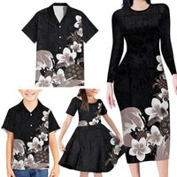Hawaiian Plumeria and Turtle Family Matching Long Sleeve Bodycon Dress and Hawaiian Shirt with Polynesian Tribal Art Pattern Grayscale Color LT03 - Polynesian Pride