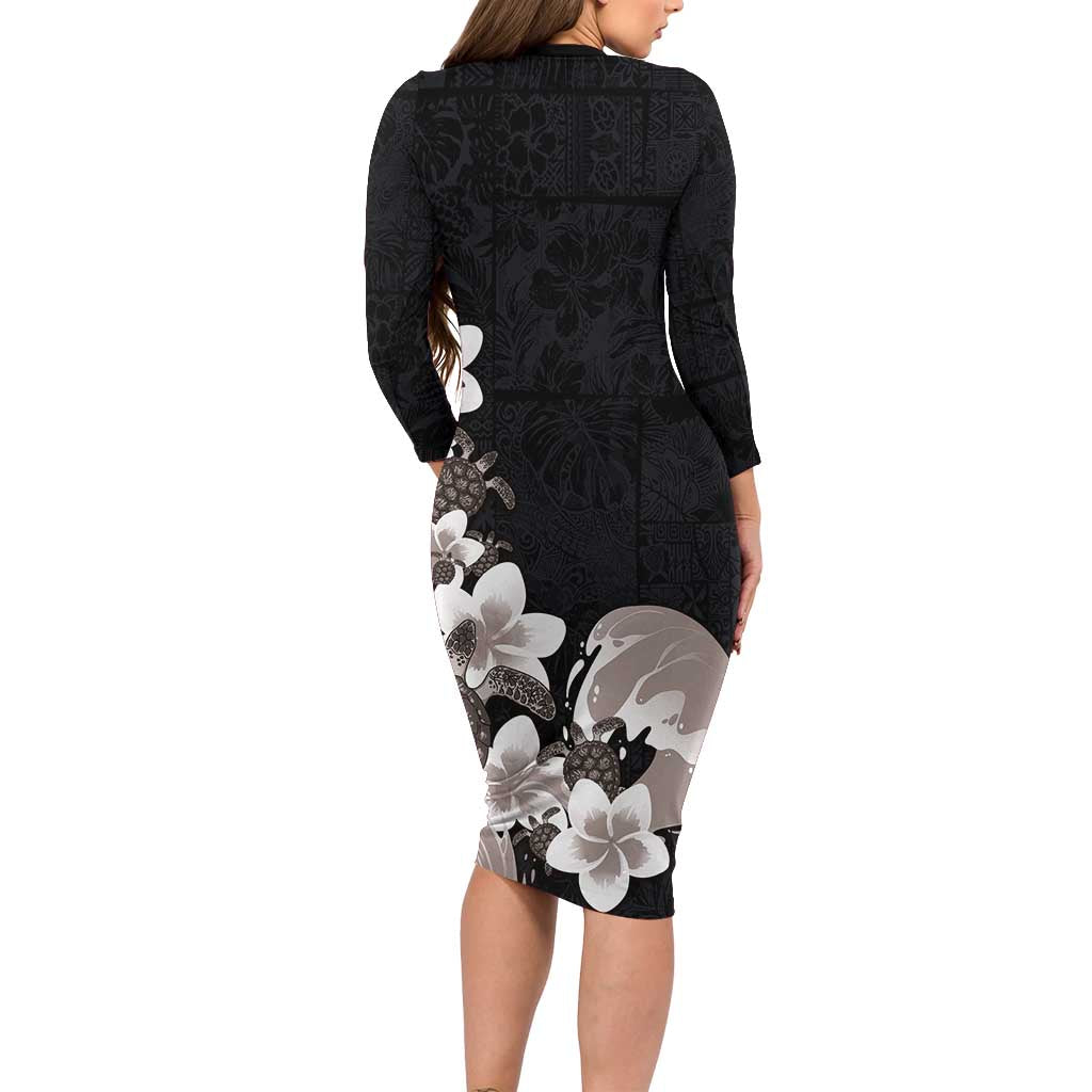 Hawaiian Plumeria and Turtle Family Matching Long Sleeve Bodycon Dress and Hawaiian Shirt with Polynesian Tribal Art Pattern Grayscale Color LT03 - Polynesian Pride