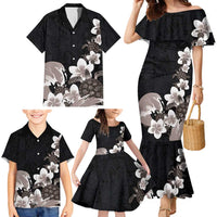 Hawaiian Plumeria and Turtle Family Matching Mermaid Dress and Hawaiian Shirt with Polynesian Tribal Art Pattern Grayscale Color LT03 - Polynesian Pride