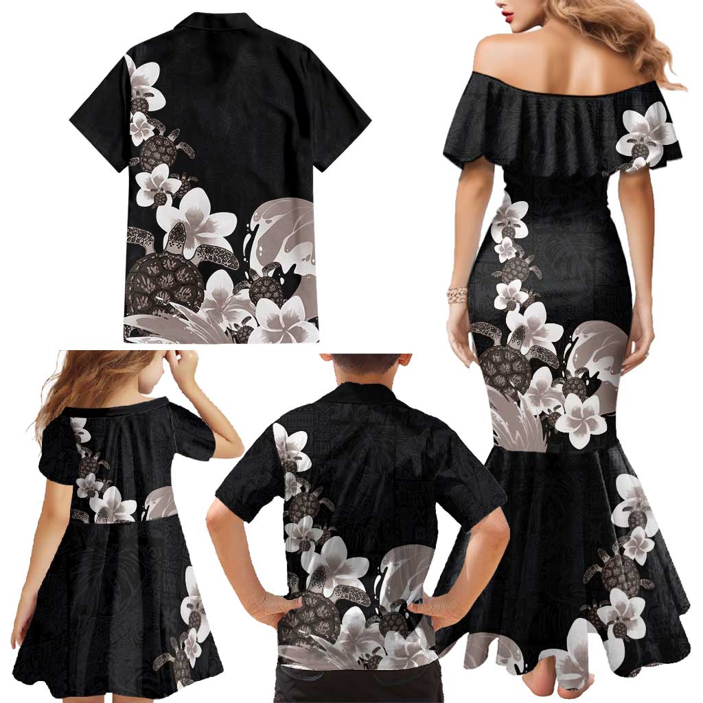 Hawaiian Plumeria and Turtle Family Matching Mermaid Dress and Hawaiian Shirt with Polynesian Tribal Art Pattern Grayscale Color LT03 - Polynesian Pride