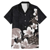 Hawaiian Plumeria and Turtle Family Matching Mermaid Dress and Hawaiian Shirt with Polynesian Tribal Art Pattern Grayscale Color LT03 Dad's Shirt - Short Sleeve Black - Polynesian Pride
