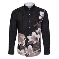 Hawaiian Plumeria and Turtle Family Matching Mermaid Dress and Hawaiian Shirt with Polynesian Tribal Art Pattern Grayscale Color LT03 Dad's Shirt - Long Sleeve Black - Polynesian Pride