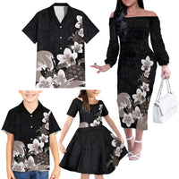 Hawaiian Plumeria and Turtle Family Matching Off The Shoulder Long Sleeve Dress and Hawaiian Shirt with Polynesian Tribal Art Pattern Grayscale Color LT03 - Polynesian Pride