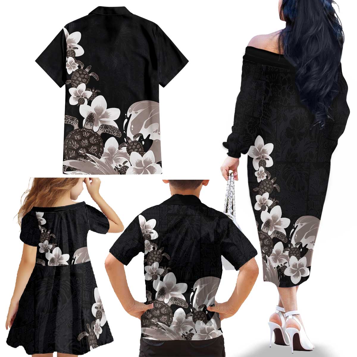 Hawaiian Plumeria and Turtle Family Matching Off The Shoulder Long Sleeve Dress and Hawaiian Shirt with Polynesian Tribal Art Pattern Grayscale Color LT03 - Polynesian Pride