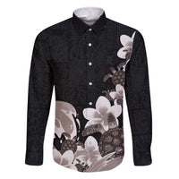 Hawaiian Plumeria and Turtle Family Matching Off The Shoulder Long Sleeve Dress and Hawaiian Shirt with Polynesian Tribal Art Pattern Grayscale Color LT03 Dad's Shirt - Long Sleeve Black - Polynesian Pride