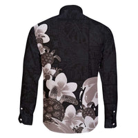 Hawaiian Plumeria and Turtle Family Matching Off The Shoulder Long Sleeve Dress and Hawaiian Shirt with Polynesian Tribal Art Pattern Grayscale Color LT03 - Polynesian Pride