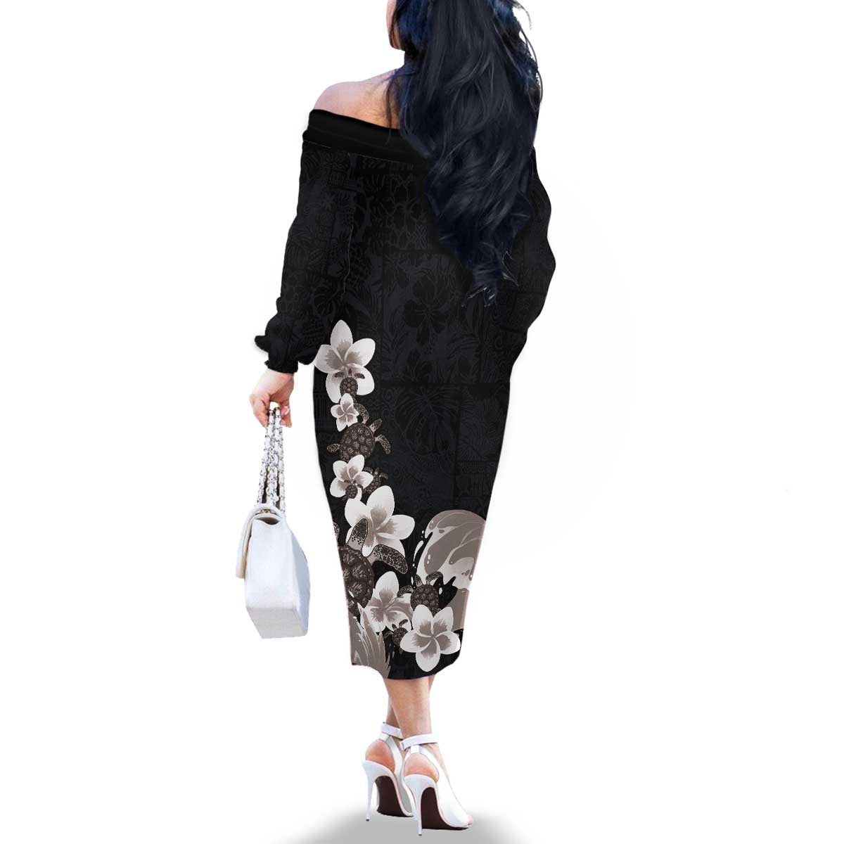 Hawaiian Plumeria and Turtle Family Matching Off The Shoulder Long Sleeve Dress and Hawaiian Shirt with Polynesian Tribal Art Pattern Grayscale Color LT03 - Polynesian Pride