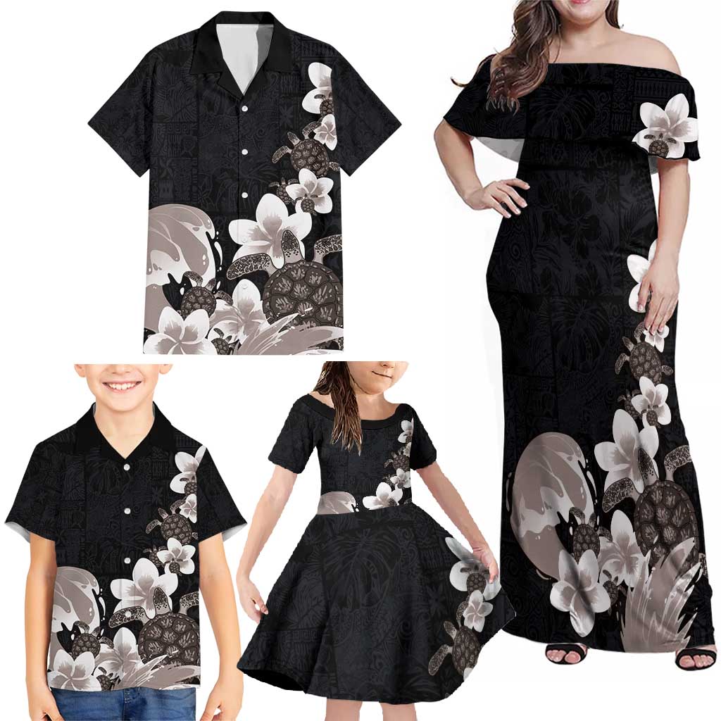 Hawaiian Plumeria and Turtle Family Matching Off Shoulder Maxi Dress and Hawaiian Shirt with Polynesian Tribal Art Pattern Grayscale Color LT03 - Polynesian Pride