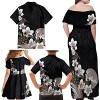 Hawaiian Plumeria and Turtle Family Matching Off Shoulder Maxi Dress and Hawaiian Shirt with Polynesian Tribal Art Pattern Grayscale Color LT03 - Polynesian Pride