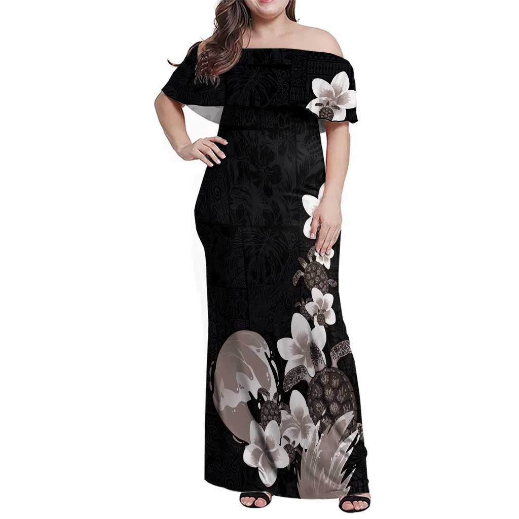 Hawaiian Plumeria and Turtle Family Matching Off Shoulder Maxi Dress and Hawaiian Shirt with Polynesian Tribal Art Pattern Grayscale Color LT03 Mom's Dress Black - Polynesian Pride