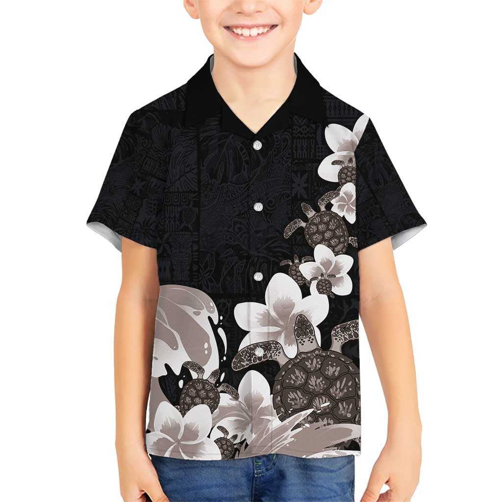 Hawaiian Plumeria and Turtle Family Matching Off Shoulder Maxi Dress and Hawaiian Shirt with Polynesian Tribal Art Pattern Grayscale Color LT03 Son's Shirt Black - Polynesian Pride