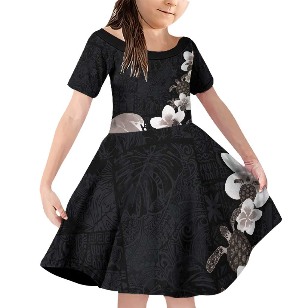 Hawaiian Plumeria and Turtle Family Matching Off Shoulder Short Dress and Hawaiian Shirt with Polynesian Tribal Art Pattern Grayscale Color LT03 Daughter's Dress Black - Polynesian Pride