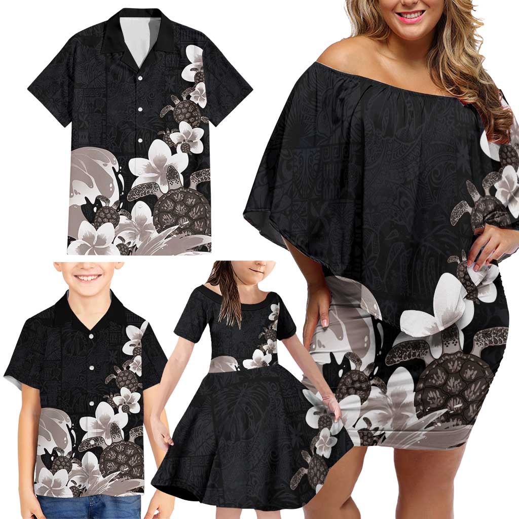 Hawaiian Plumeria and Turtle Family Matching Off Shoulder Short Dress and Hawaiian Shirt with Polynesian Tribal Art Pattern Grayscale Color LT03 - Polynesian Pride