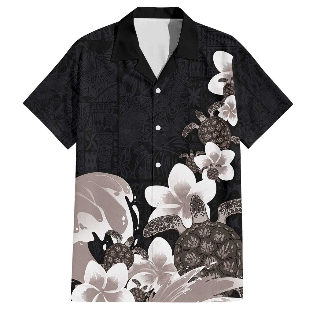 Hawaiian Plumeria and Turtle Family Matching Puletasi and Hawaiian Shirt with Polynesian Tribal Art Pattern Grayscale Color LT03 Dad's Shirt - Short Sleeve Black - Polynesian Pride