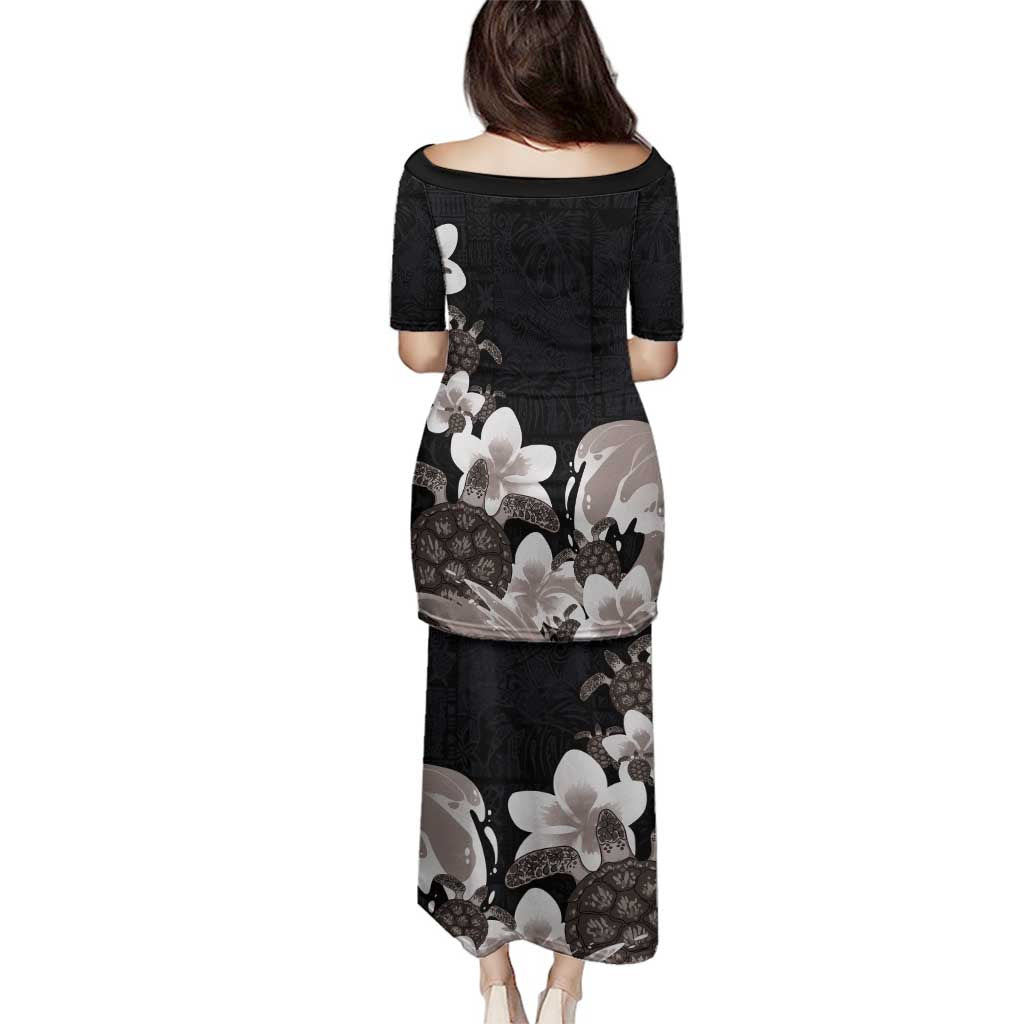 Hawaiian Plumeria and Turtle Family Matching Puletasi and Hawaiian Shirt with Polynesian Tribal Art Pattern Grayscale Color LT03 - Polynesian Pride