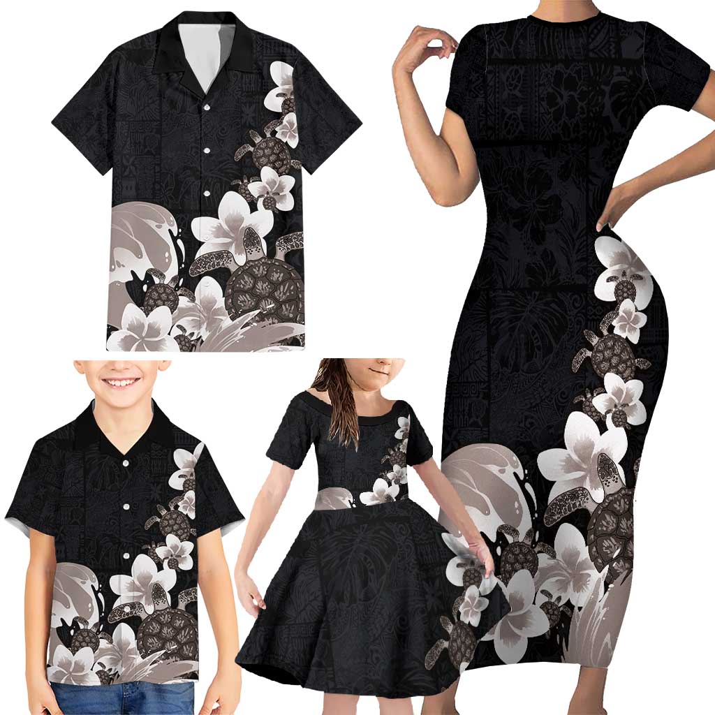 Hawaiian Plumeria and Turtle Family Matching Short Sleeve Bodycon Dress and Hawaiian Shirt with Polynesian Tribal Art Pattern Grayscale Color LT03 - Polynesian Pride