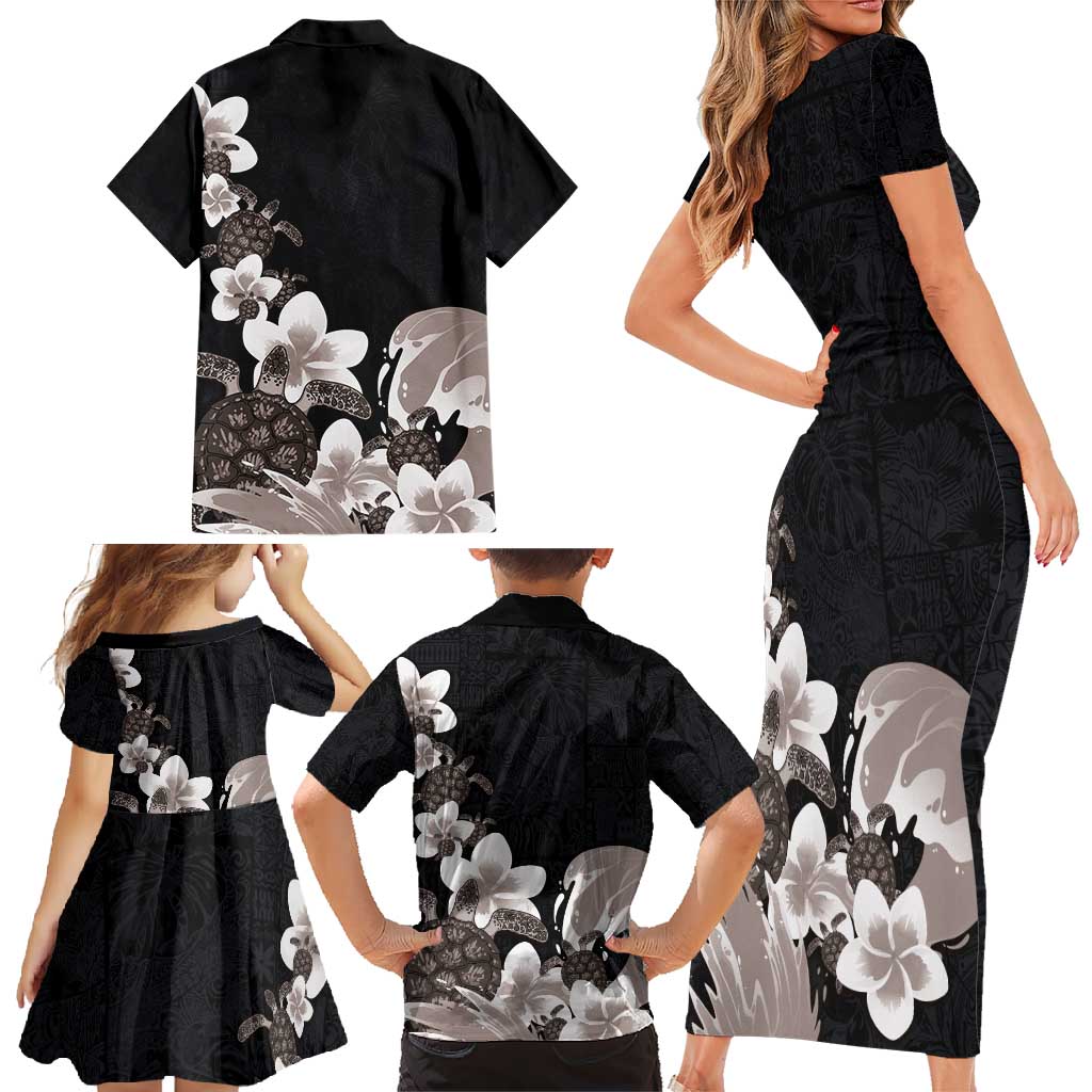 Hawaiian Plumeria and Turtle Family Matching Short Sleeve Bodycon Dress and Hawaiian Shirt with Polynesian Tribal Art Pattern Grayscale Color LT03 - Polynesian Pride