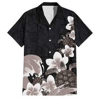 Hawaiian Plumeria and Turtle Family Matching Short Sleeve Bodycon Dress and Hawaiian Shirt with Polynesian Tribal Art Pattern Grayscale Color LT03 Dad's Shirt - Short Sleeve Black - Polynesian Pride