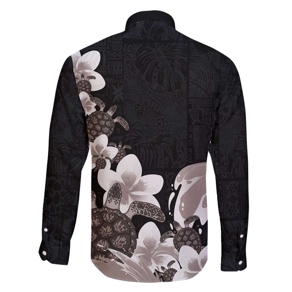 Hawaiian Plumeria and Turtle Family Matching Short Sleeve Bodycon Dress and Hawaiian Shirt with Polynesian Tribal Art Pattern Grayscale Color LT03 - Polynesian Pride