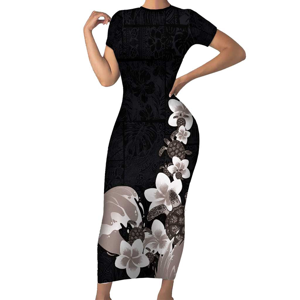 Hawaiian Plumeria and Turtle Family Matching Short Sleeve Bodycon Dress and Hawaiian Shirt with Polynesian Tribal Art Pattern Grayscale Color LT03 Mom's Dress Black - Polynesian Pride