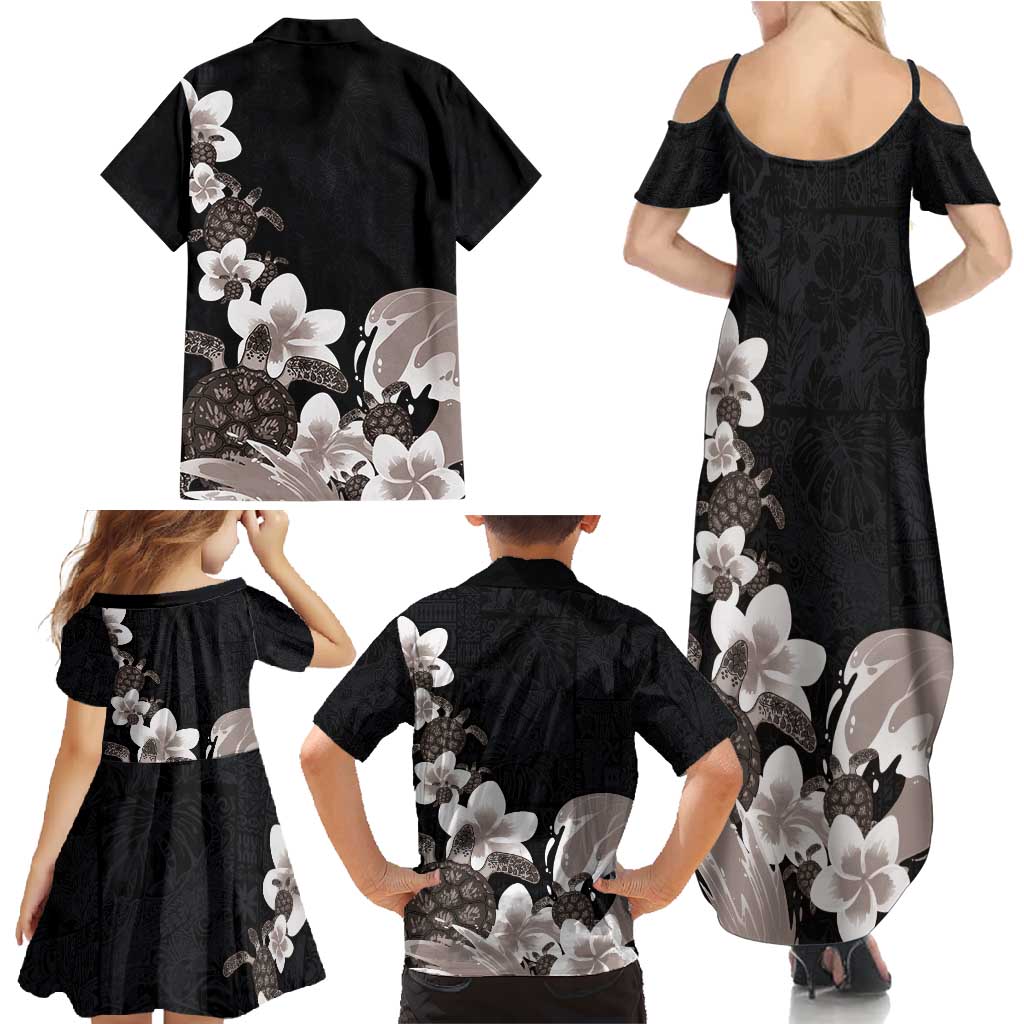 Hawaiian Plumeria and Turtle Family Matching Summer Maxi Dress and Hawaiian Shirt with Polynesian Tribal Art Pattern Grayscale Color LT03 - Polynesian Pride